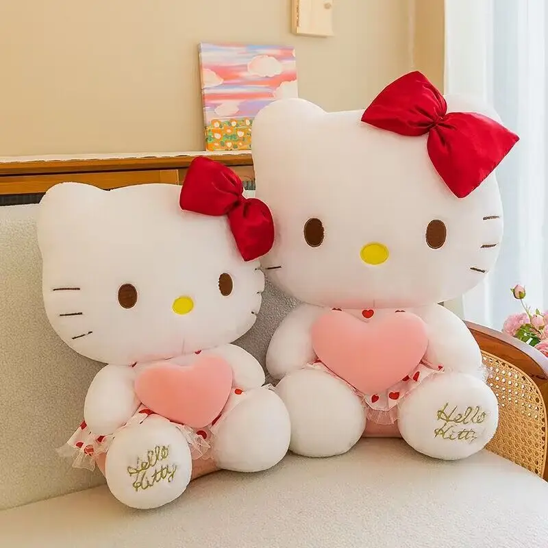 Sanrioed Love Heart-Shaped Plush Doll Kawaii KT Cat Cartoon Plushie Toy Home Decoration Children Birthday Gift