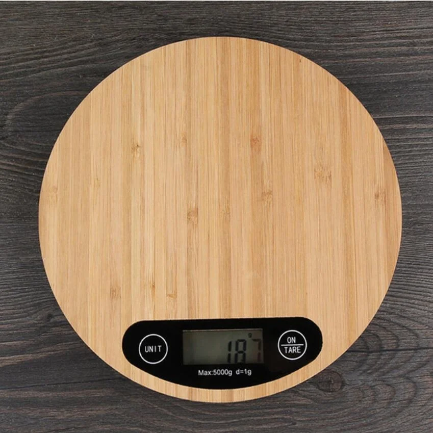 Custom Logo 5kg 1g Round shape bamboo surface digital kitchen scale