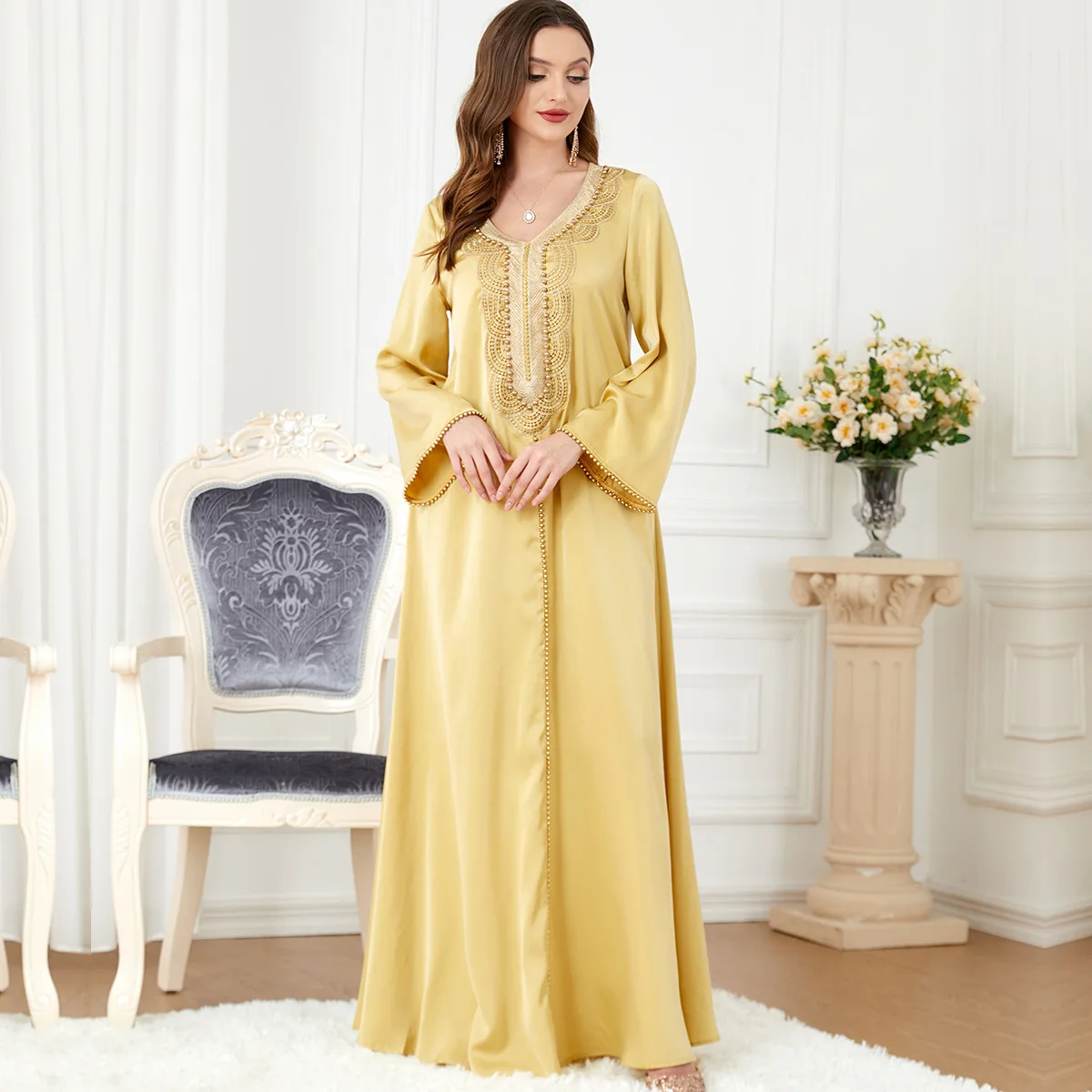 3287Soild O Neck Abaya Women Gold Colours Embroidery Luxury Muslim Dresses Classic Muslim Dress Indonesia