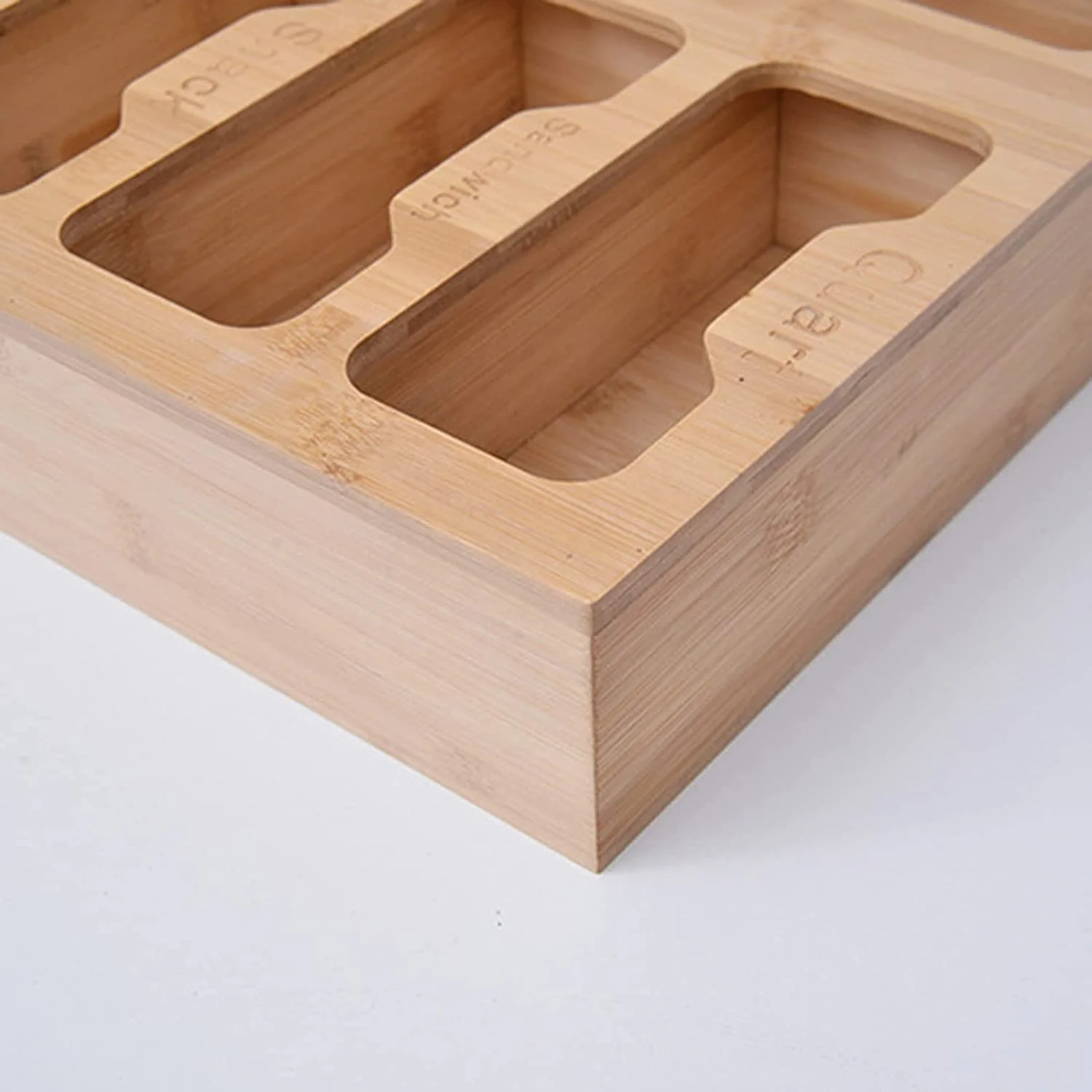 Wall Bamboo Food Ziplock Bag and Plastic Wrap Foil Storage Organizer and Dispenser for Kitchen Drawer