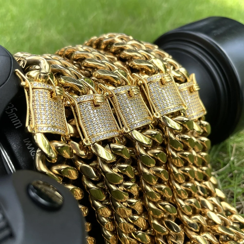 14mm 24inch Thickness Factory Price 14K PVD Gold Cuban Link Chain, Stainless Steel Cuban Link Chain