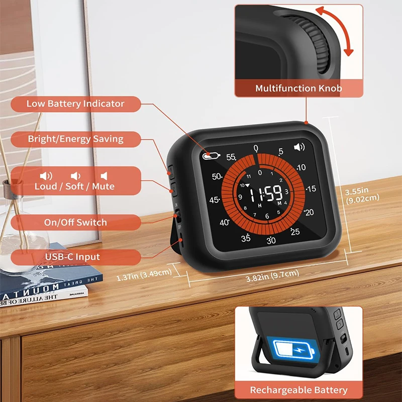 J&R 12 Hours Mute Loud Type-C Rechargeable Digital Magnetic Visual Timer for Kitchen Classroom Office