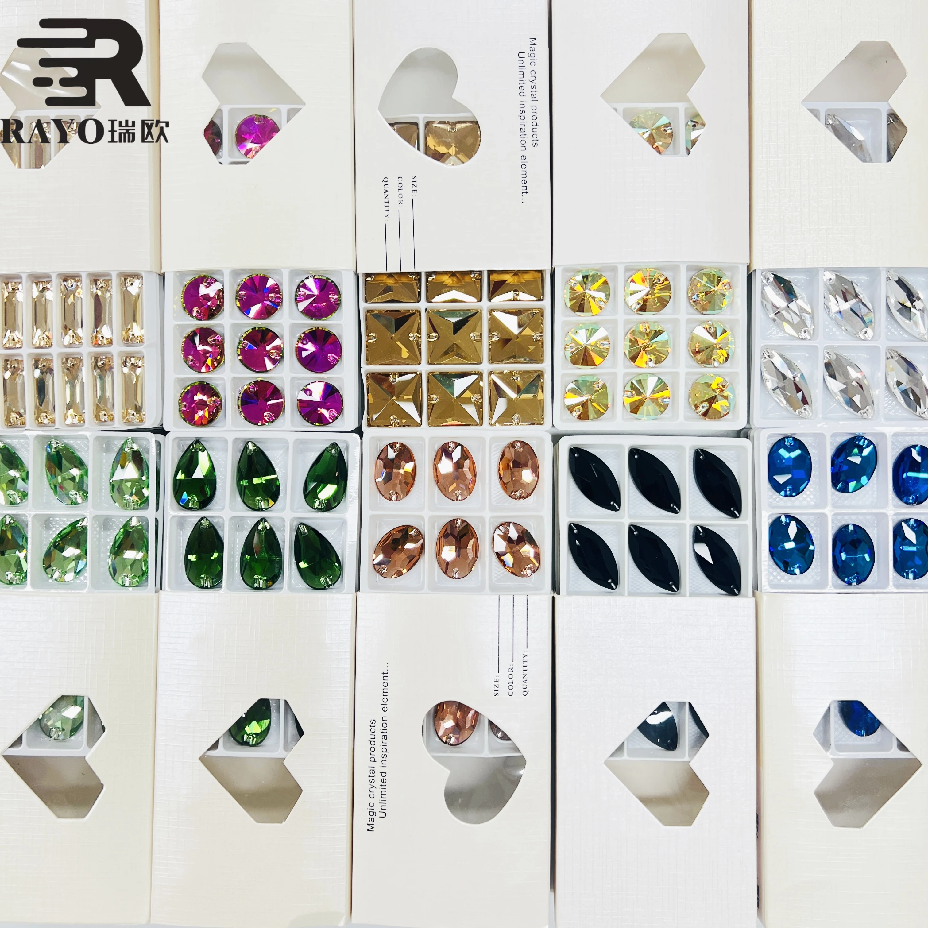 Multi-Color Crystal AB Rhinestones  Flat Back with 2 Holes  Shiny Gold Sew-On Buttons in Various Shapes for Garment Decoration