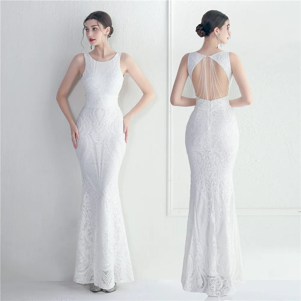19920# Long evening dress with exposed back, featuring beadwork, glittery embroidery, suitable for stage performances
