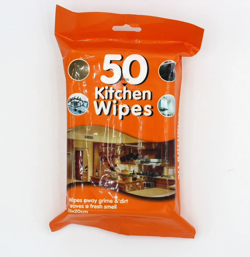 Household Kitchen Oil and Dirt Cleaning Wet Wipes, 70 Wipes Surface and Appliance Cleansing Wet Tissue BSCI Adults Lemon Scented