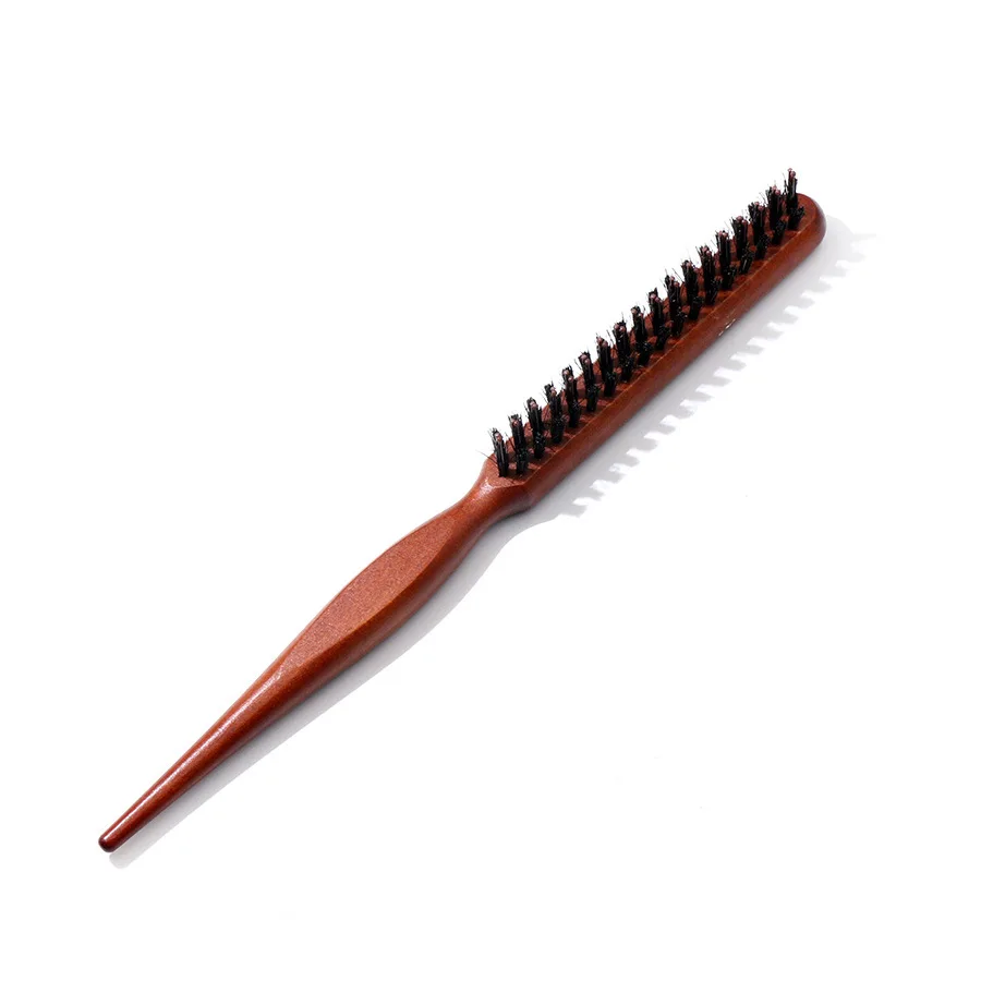 Custom Logo Wood Handle Teasing Hair Brush Salon Hairstyling Comb 3 Rows Nylon Bristles Teasing Hair Brush