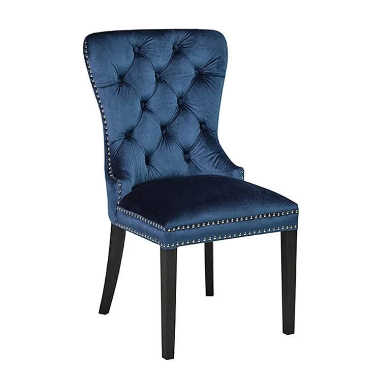 Navy blue velvet tufted button back antique modern wooden restaurant dining chair for dining room