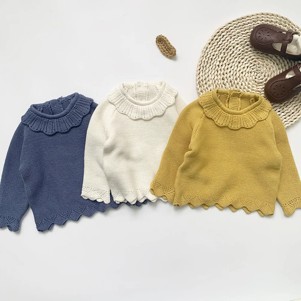 Baby girl cuff head European and American lotus leaf collar sweater hollowed-out lace sweater