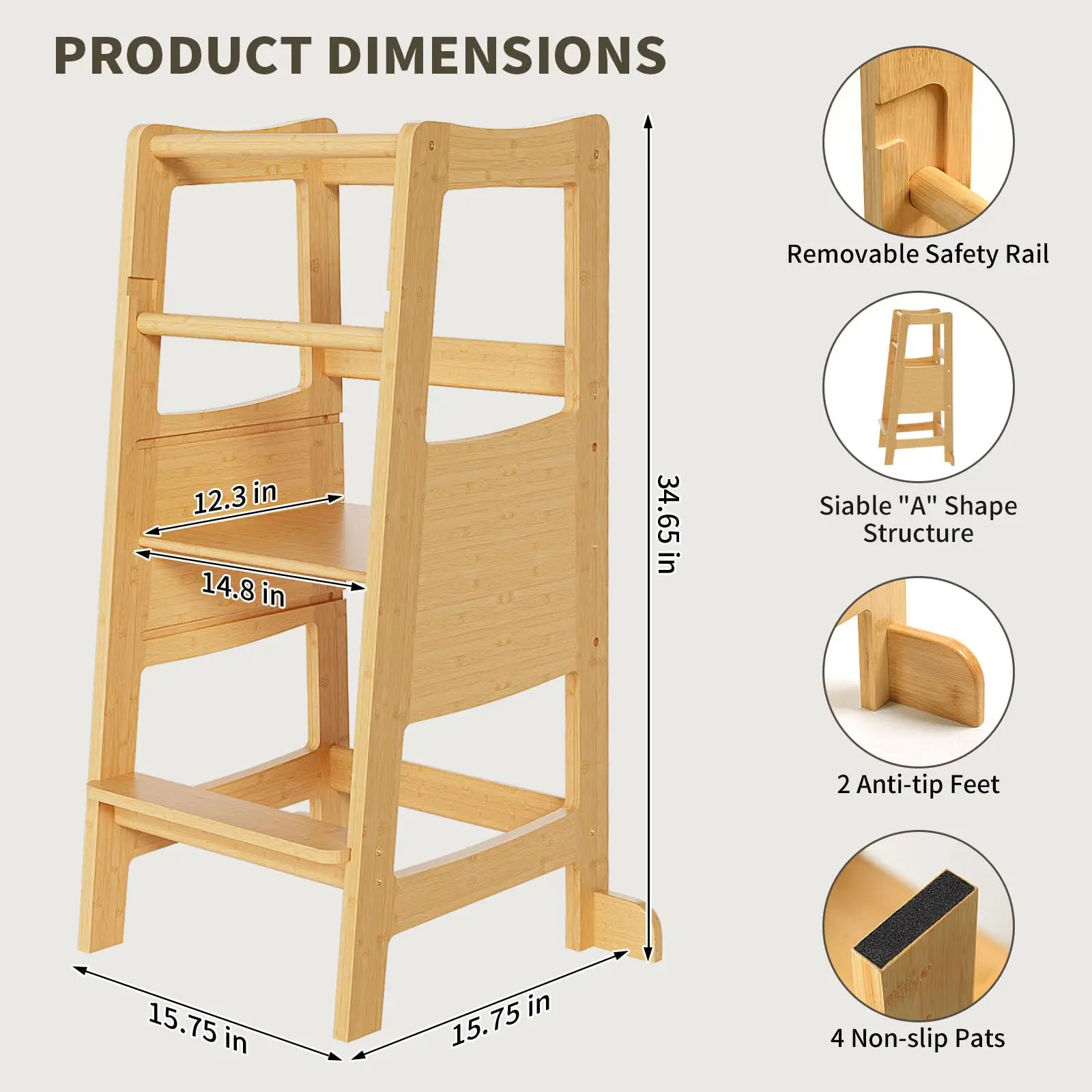 Toddler Tower Kitchen Stool Helper-Toddler Step Stool with Safety Rail,3 Heights Adjustable Kids Step Stool,Wide Platform Design