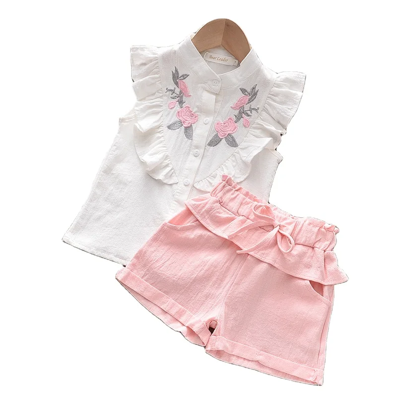 White sleeveless embroidery flower shirt +solid pink shorts 2pcs kids summer clothing sets girls boutique clothing sets