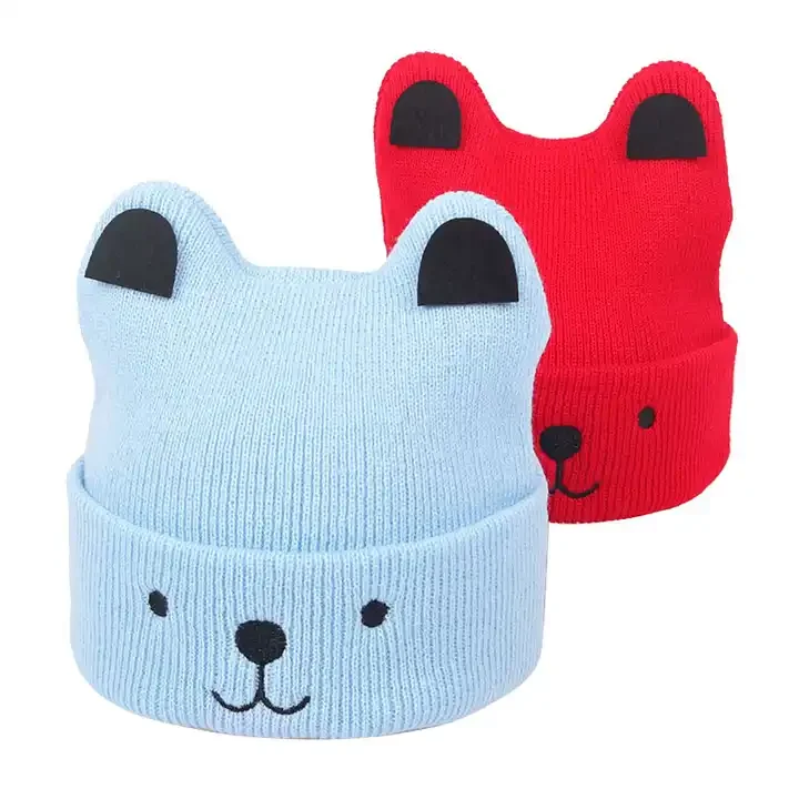 Wholesale Winter Funny Children Baby Hats Embroidery Cat Ears Beanie Knitted Kids Hat