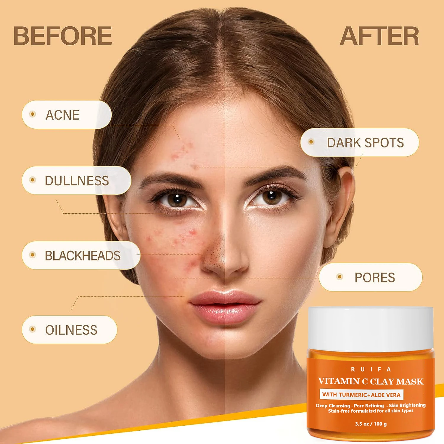 Private Label Korean Face Care Deep Cleansing Pore Refining Brightening Organic Turmeric Vitamin C Facial Bentonite Clay Mask