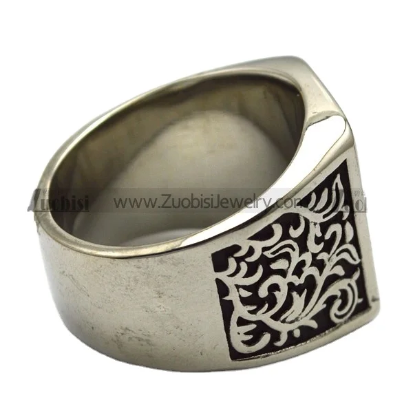 925k Sterling Silver Vintage Jewelry Silver Flower Patterns Carp Blacken Square Signet Ring Stainless Steel Silver Gold Plated