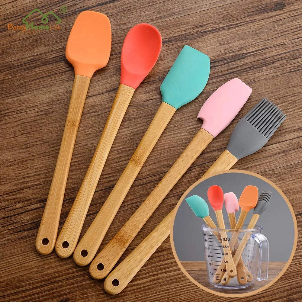 Multicolor BPA Free Nonstick Set of 5 Bamboo and Silicone Mini Kitchen Baking Spatulas Utensils Set