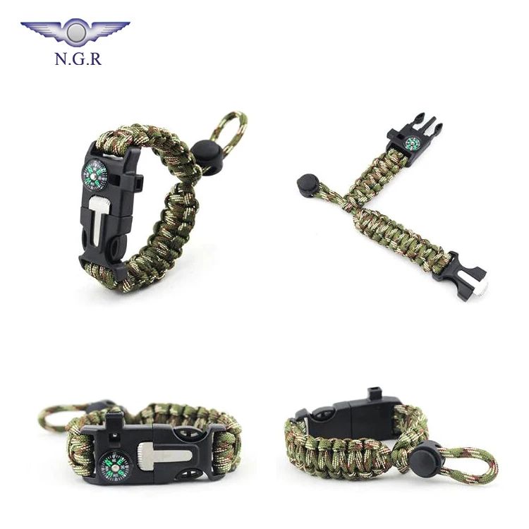 Outdoor hiking and camping equipment adjustable survival bracelet with flint firestarter whistle and compass