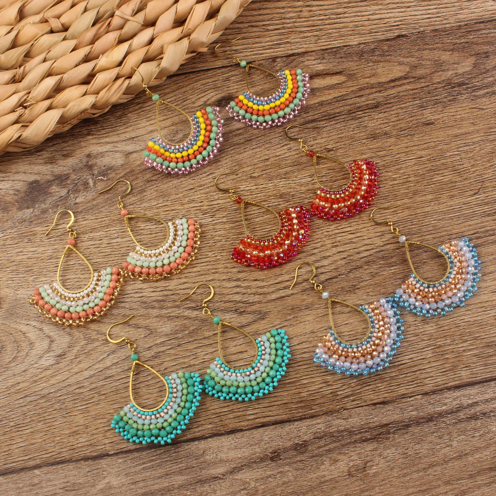 Aretes Boho Fashion Handmade Seed Bead Dangle Earrings Brass Gold Plated Fan Shape Tassel Hoop Earrings
