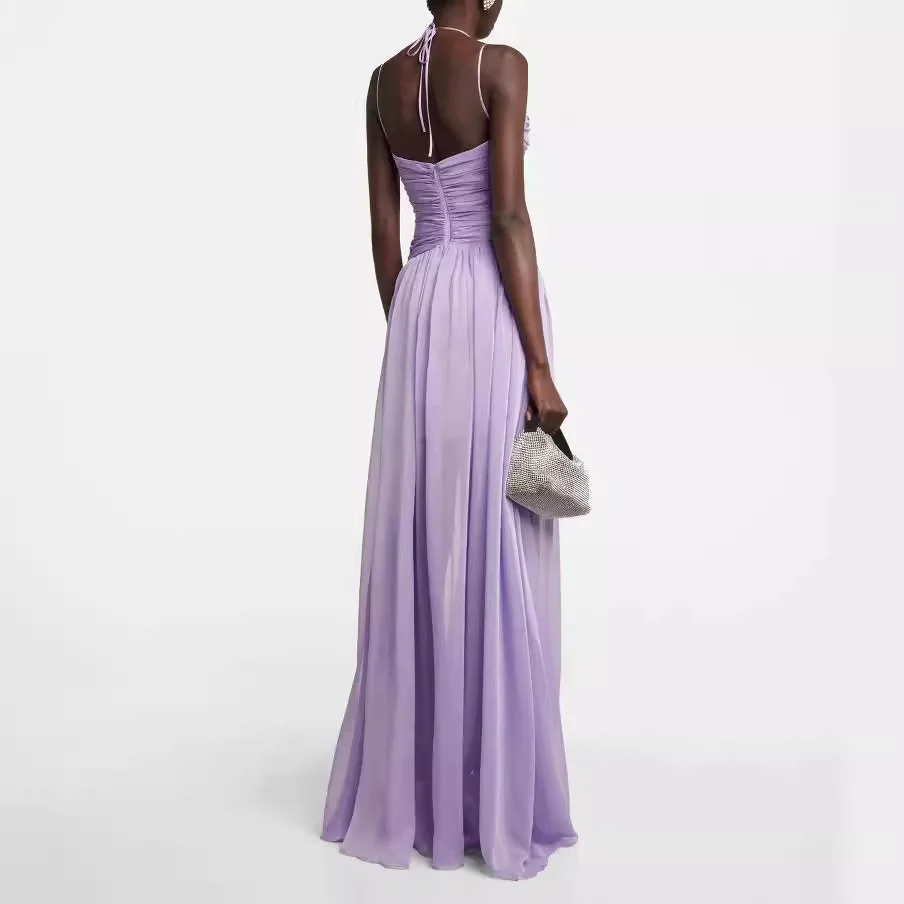 2024 New arrivals women purple spaghetti strap hollow out long chiffon purple maxi dress holiday party outfits 2024