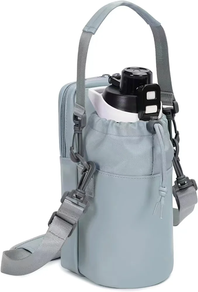custom drawstring sport PU leather fashion 40 oz unisex school gym hiking cross body water bottle holder with phone pocket bag