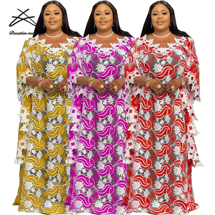 2021 New African Lace Loose Plus Size Dresses For Women Ankara Muslim Embroidery Wedding Party Maxi Kaftan Abaya Dress