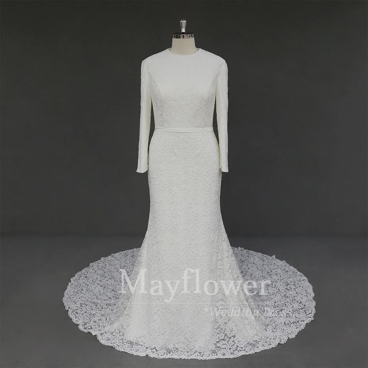 Top quality lace pattern arabic wedding gown long sleeves muslim wedding dress