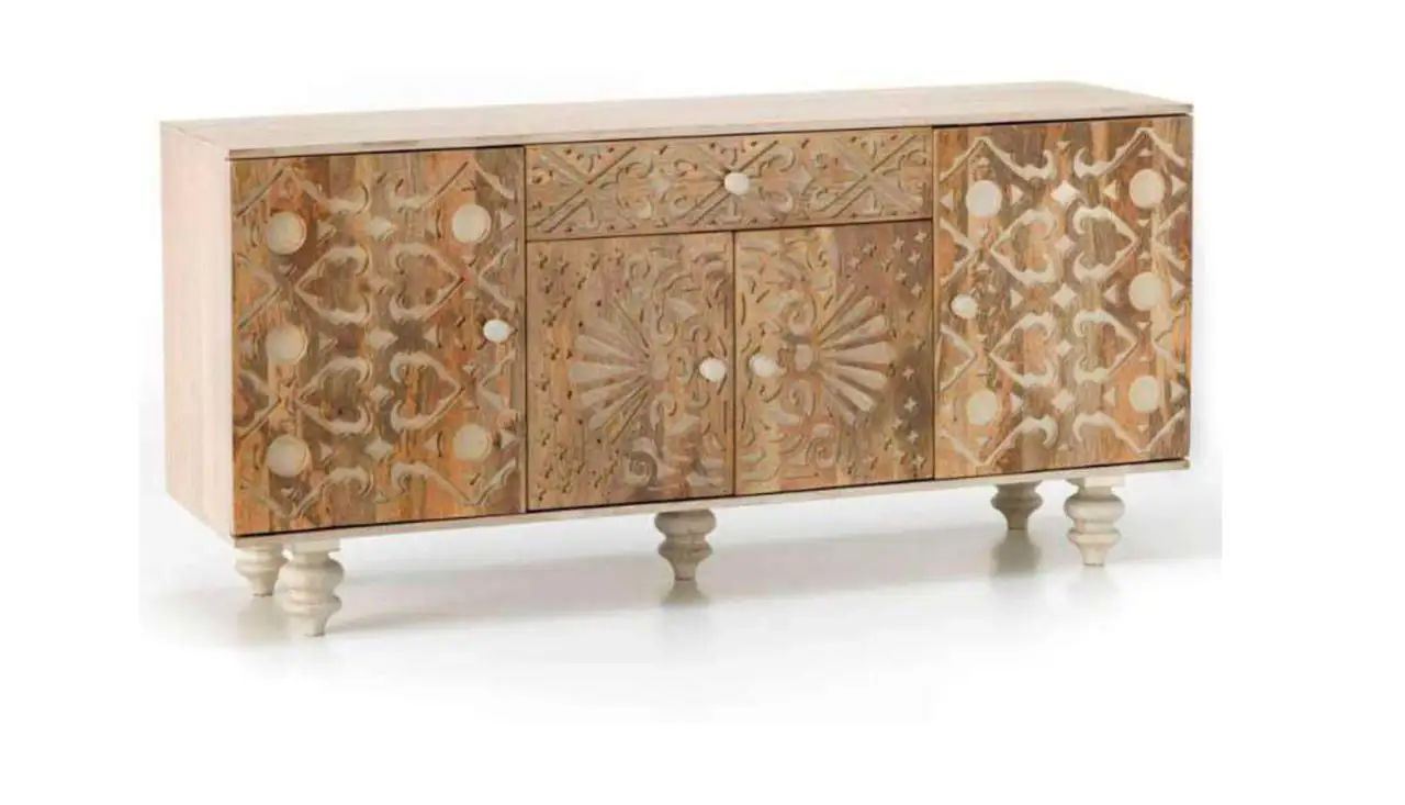 Hand Carved Gulliver Media Console Indigo Colour | Handmade Wooden TV Unit Indigo Colour | Indian Furniture