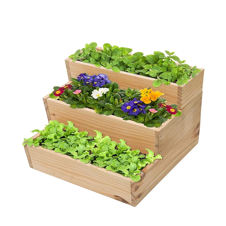 Raised Garden Bed Design 3 Tier Outdoor Wooden Cedar Barrels Planter Box shape for Growing Vegetable Flower