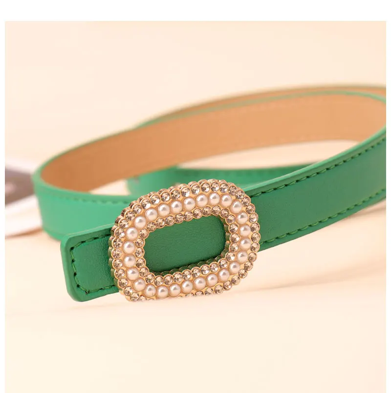 Women Jeans Luxury Fashion Waist Belt Lady Trend Oval Alloy Buckle Crystal Pearl Decoration Pu Belt