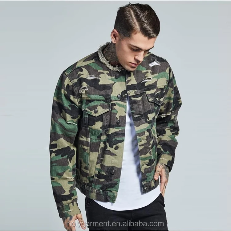 huili hot selling allover printed camouflage jean jacket men collarless cotton denim softshell jacket