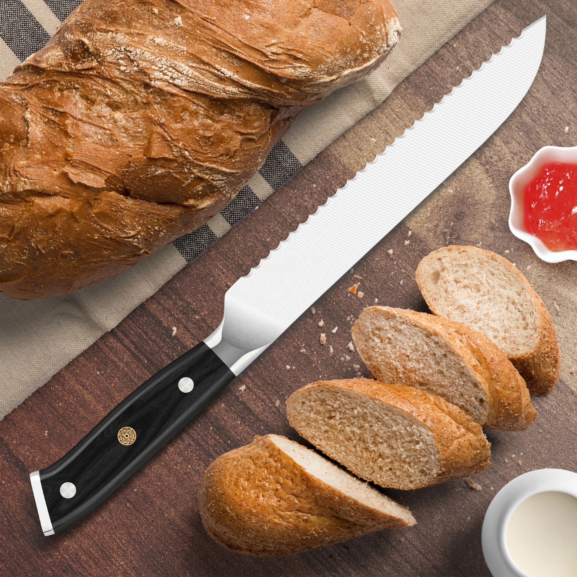 10% Off Custom Logo Black Pakka Wood 8 inch 1.4116 forged serrated bread knife made of german stainless steel