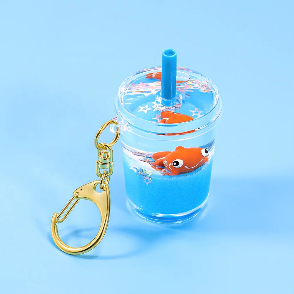 Custom Liquid Keychain Water Boba Aqua Key chain Floating Acrylic Animal Liquid Key Holder Bubble Milk Tea Cup Key Holder