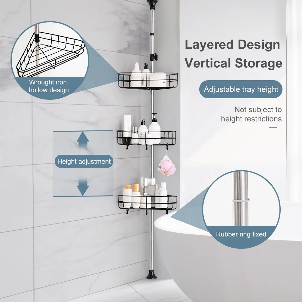 BAOYOUNI Stainless Steel 3 Tier Spring Tension Shower Caddy Adjustable Bathroom Corner Organizer Shelves Height up 310cm
