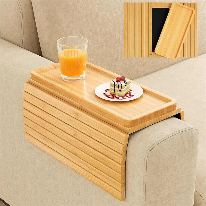 Bamboo Sofa Arm Tray Table with Extra Removable Tray Anti-Slip Sofa Armrest Trays