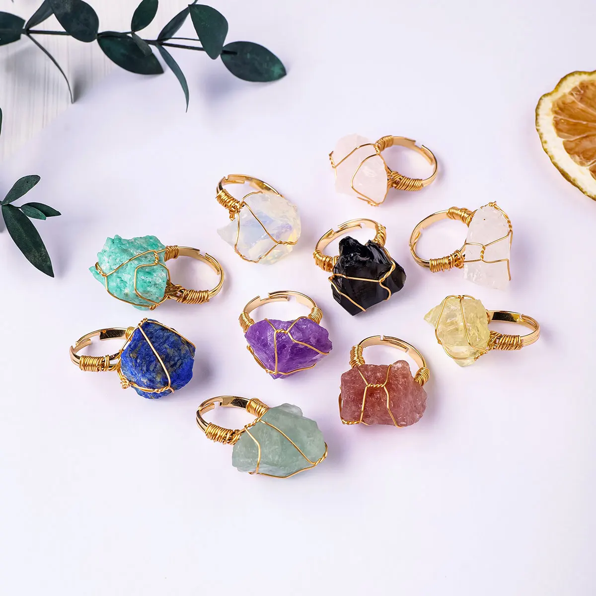 Wholesale High Quality Natural Healing Crystal Rings Mixed Raw Stone Ring for Gift