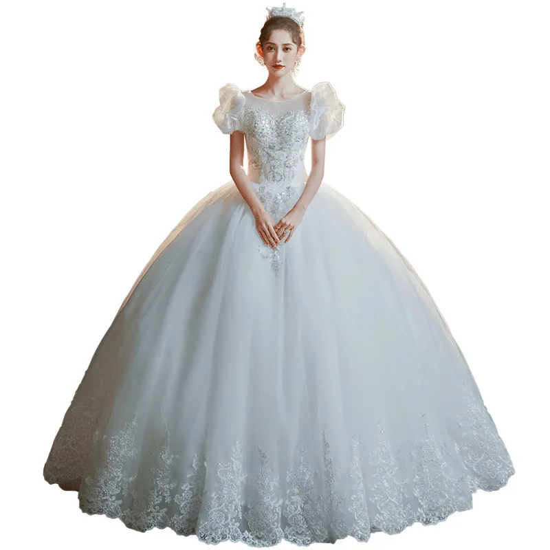 ZX-938 Bride Bubble Sleeves Embroidered Lace A Line Floor Length Wedding Dress Beaded Tulle Bridal Gown