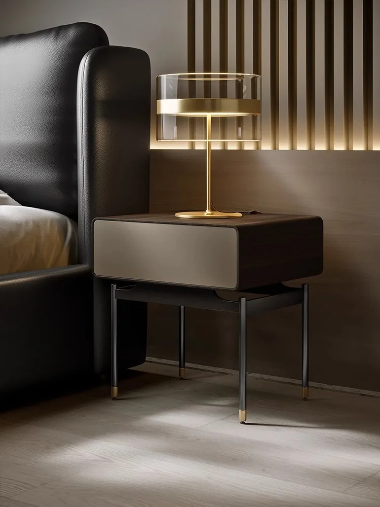 Atunus Italian New Modern Nightstand Light Luxury Bedroom Smoked Black Minimalist Bedside Cabinet Creative Storage Locker