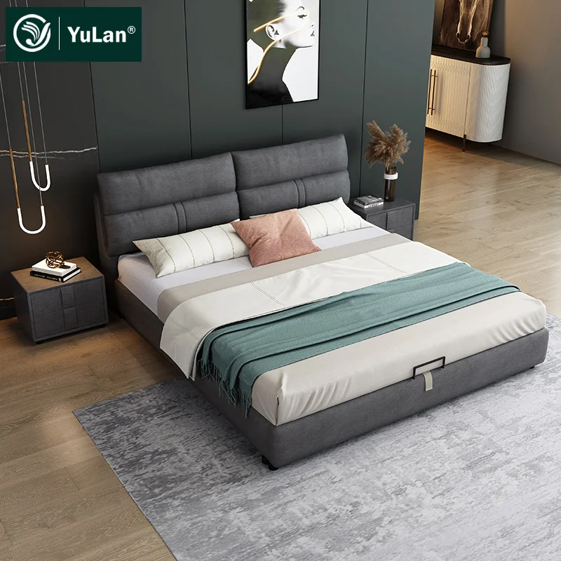 Confortable King queen double size simple modern leather solid wood storage divan bed