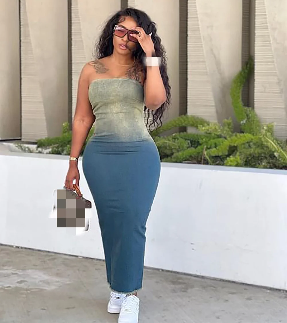 Kilig Wholesale Retro Summer Beach Sexy Bodycon Dress Maxi Ladies Jean Dresses Denim Off Shoulder Gradient Casual Dress Women