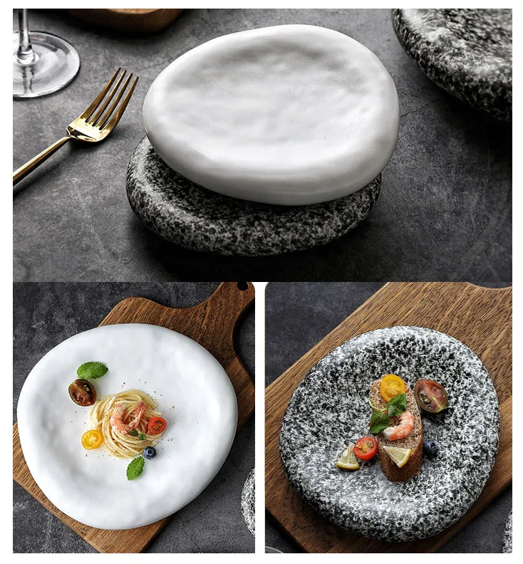 Vintage Personality Porcelain Stone Plate Dish Catering Dinnerware Matte Irregular Marble Pattern And White Slate Dinner Plates