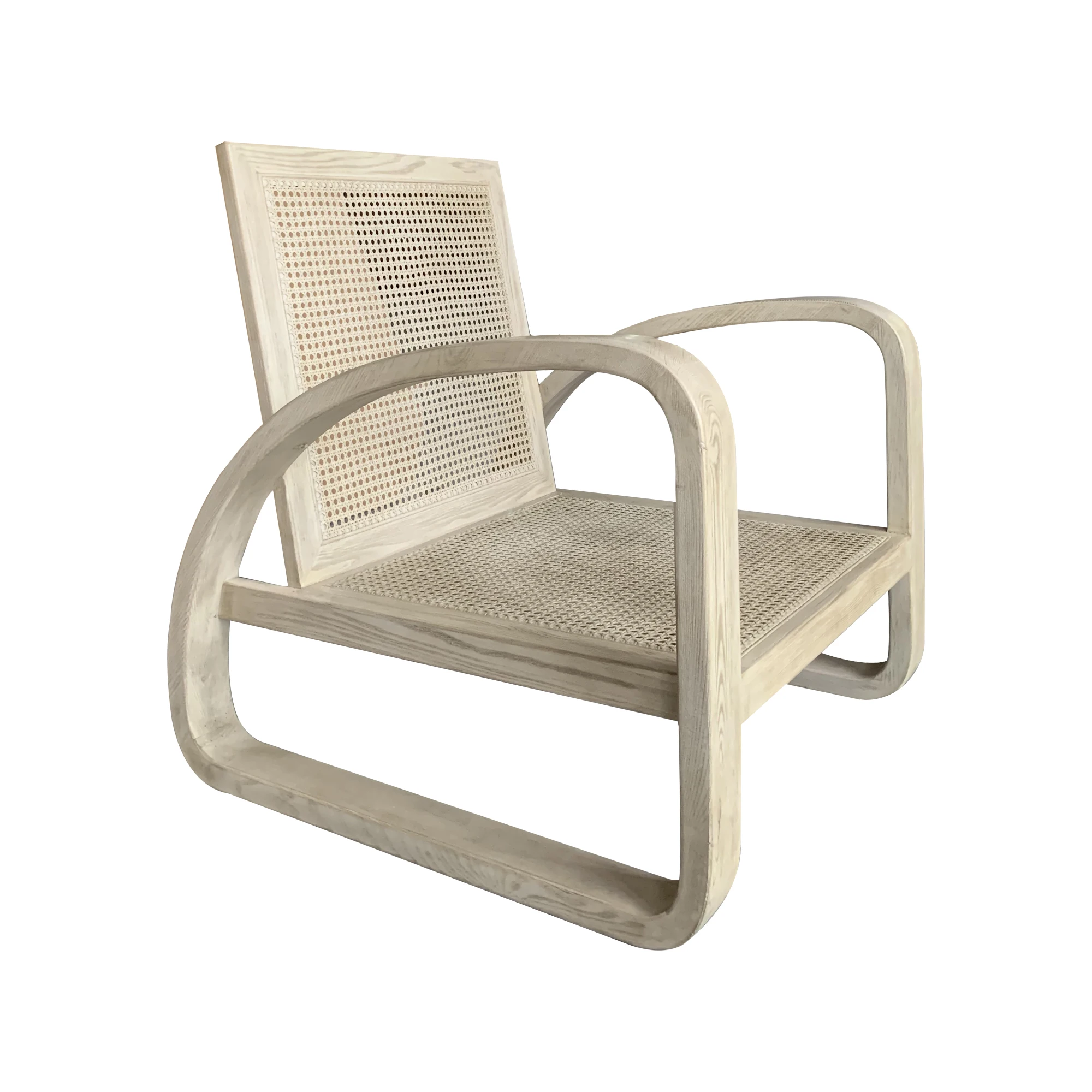 French Style Furniture Hand Carved Wooden Armchair Ash Frame Cane Seat and Back Chaise Lounge Leisure Chair with Cushions