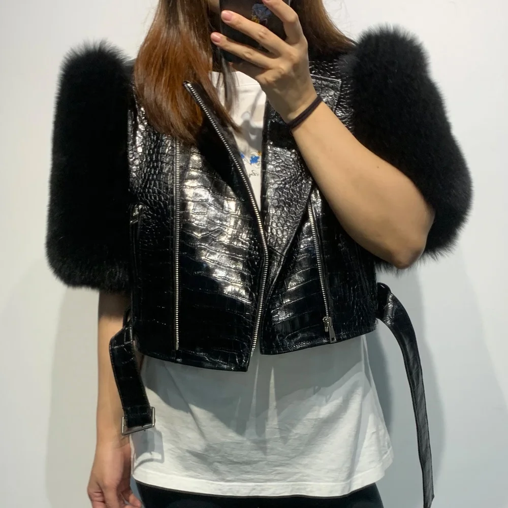 Crocodile texture fox fur jackets motorbike jacket women fur cropped sleeve leather clothing