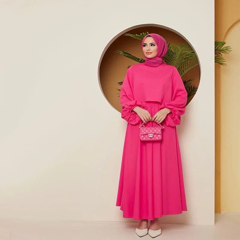 Custom islamic fashion long sleeve shirt trousers set muslim women loose prayer long 2 pieces set dress