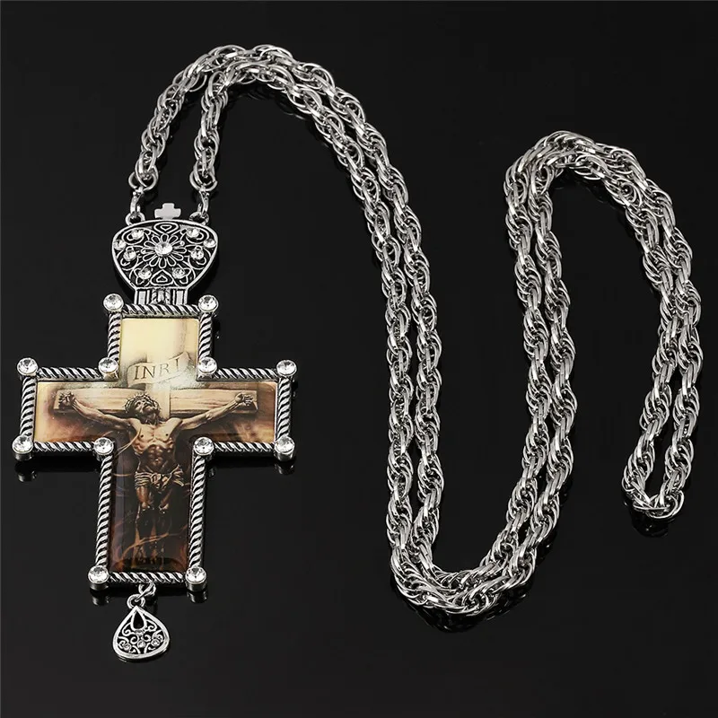 European Greek Russia Style Orthodox Religious Cover Chain Shinny Jesus Crystal Men Women Pectoral Cross Necklace with Box