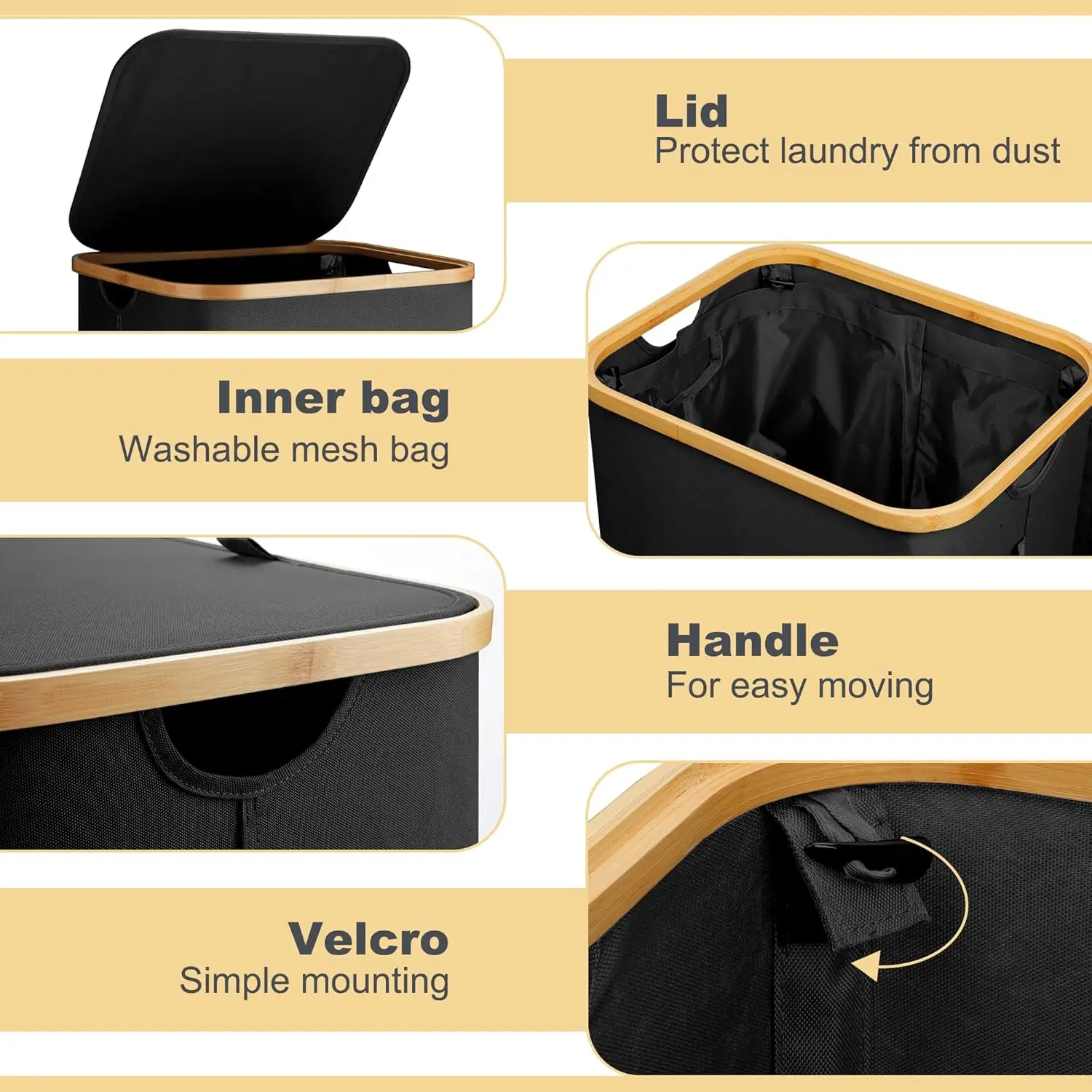 KUYUE Laundry Hamper with Lid Black Large Washing Basket for Laundry with Handles Laundry Basket for Bedroom Bamboo Bathroom Bin
