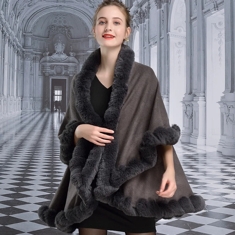 Top Quality Women Winter Wool Blended Cape Shawls With Faux Fur Trim
