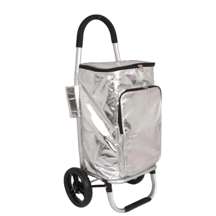 Bright Silver Thermal Insulation Bag Folding Supermarket Shopping Cart Trolley With Wheels