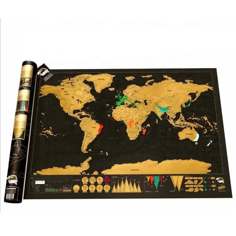 Factory Custom Travel World Scratch Gold Foil Black Scratch Coating Luxury Travel Maps Gift