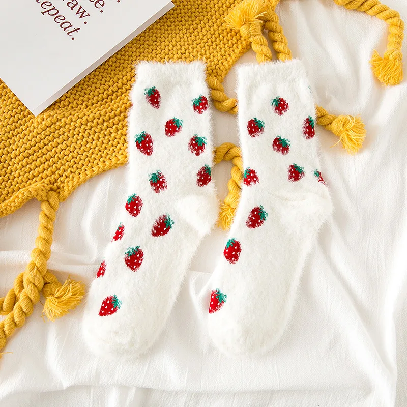 In Stock Winter Cute Fuzzy Socks Coral Fleece Fruit Crew Socks Indoor Floor Sleeping Girls Warm Socks For Women