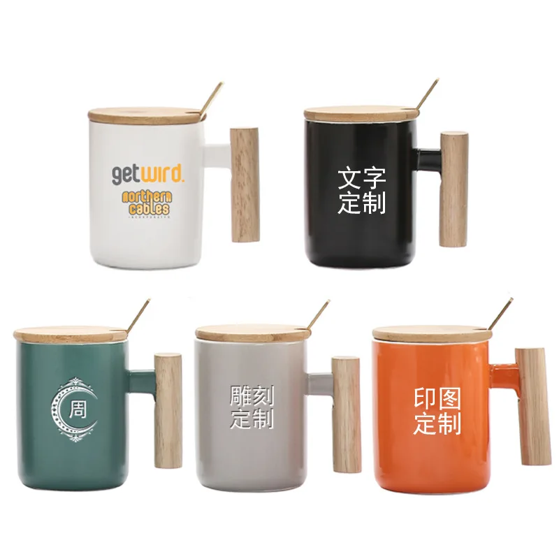 14 oz matte black grey exquisite logo unique vintage customized ceramic mugs with wooden handle bamboo lid and stir spoon