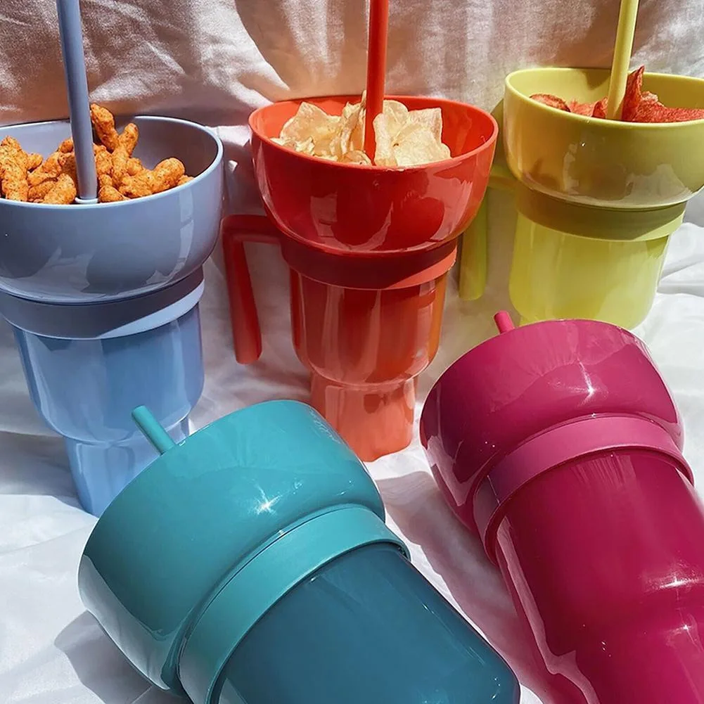 Tik Tok Hot Straw Drink Forest Popcorn Cup Snack And Drink 2 In 1 Drinking Cup Mug Stadium Tumbler With Snack Bowl