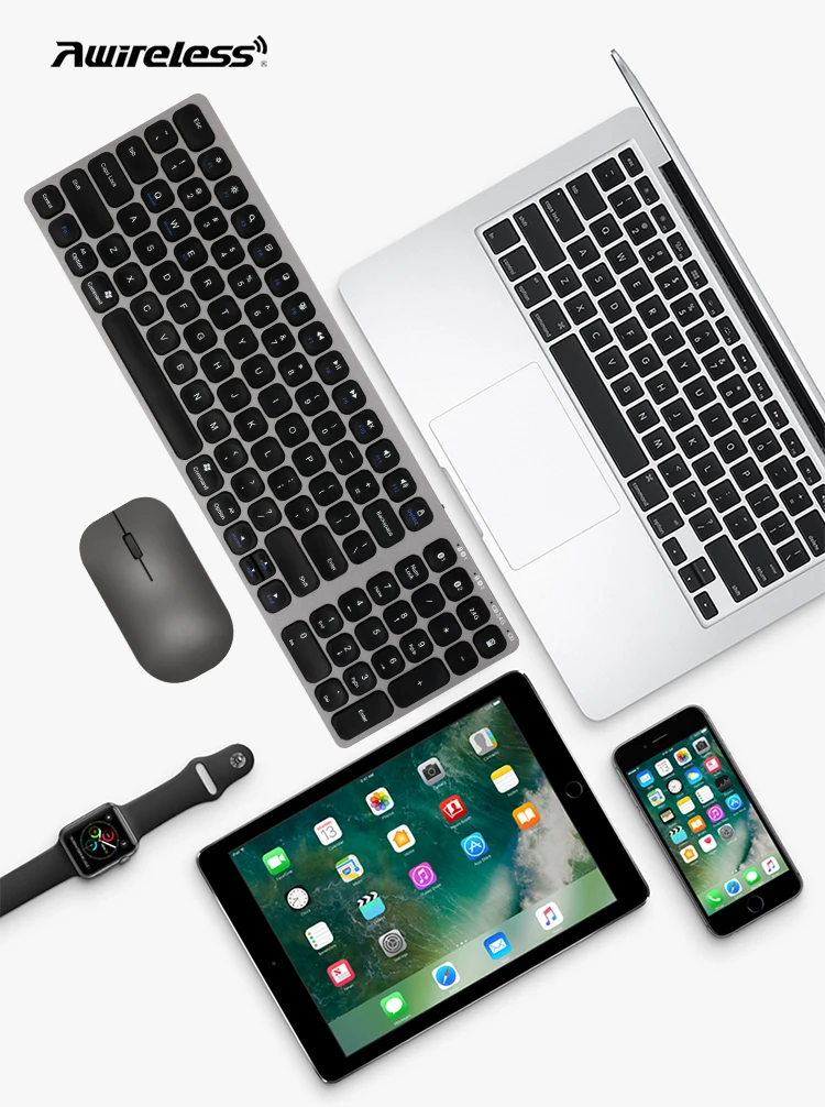 Awireless 3 in 1Custom Cheap Ergonomic Ultra Thin Portable Russian Wireless  2.4G Wireless Bluetooth Keyboard And Mouse Combos